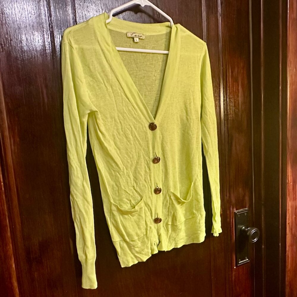 Chartreuse/Yellow & Green, Button Down Classic Cardigan w/ Bronze Crown Buttons
